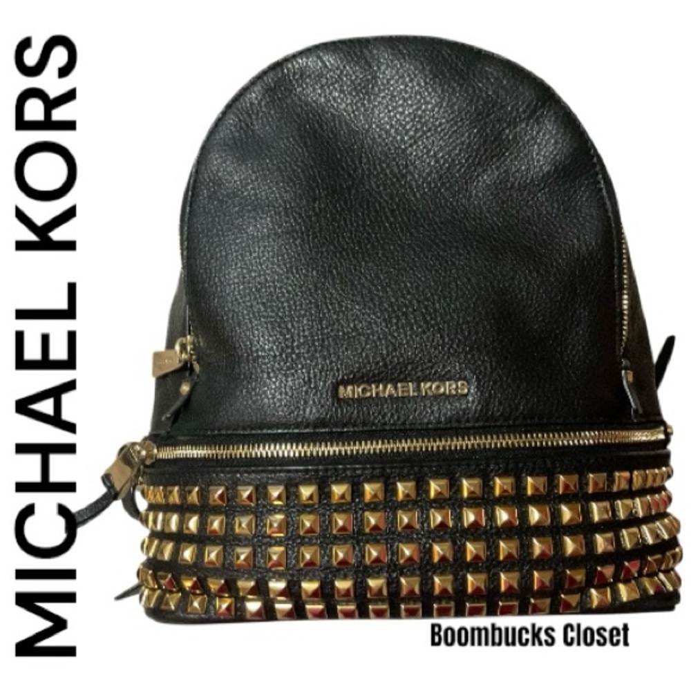 Michael Kors Black leather with metallic Gold studs rivet Backpack chic rockstar - Picture 6 of 16